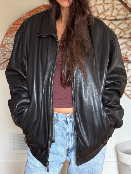 Vintage Jackets & Blazers - Vintage Black Leather Oversized Bomber Jacket Size
